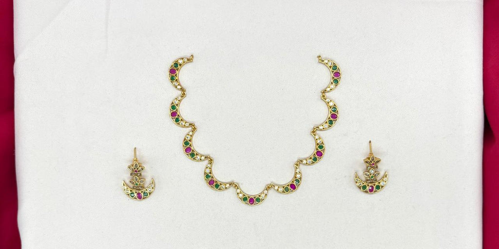 matte finishing with AD stones and Multi-stones Short Necklace