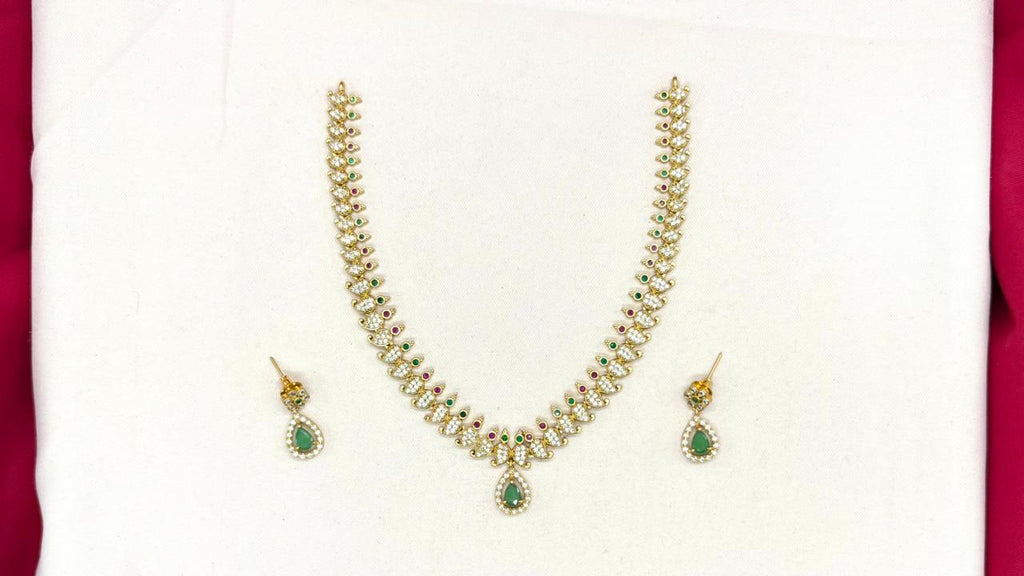 Matte finishing American Diamond with Green Stone Short Necklace