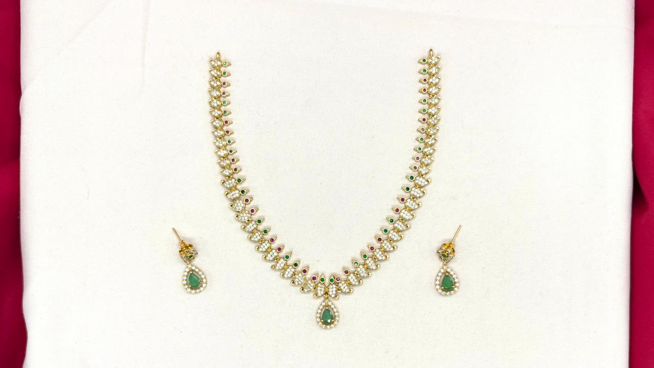Matte finishing American Diamond with Green Stone Short Necklace