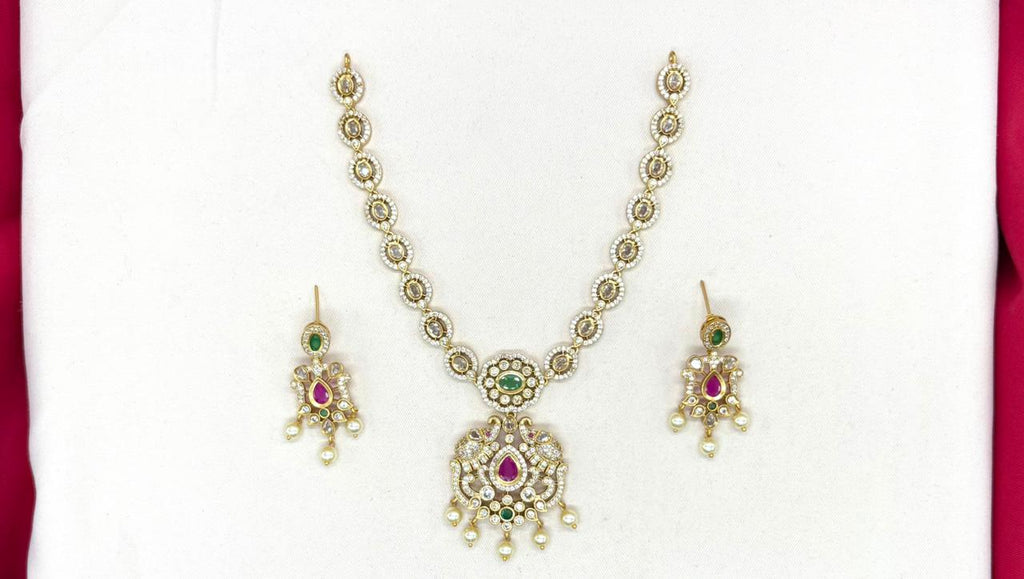 Matte finishing white stones  pearls with Elephant design Short Necklace