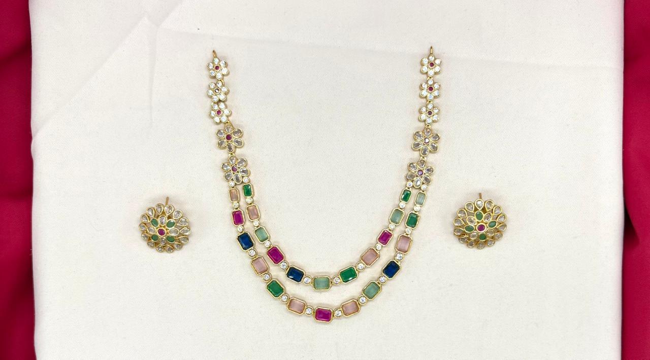 Gold Navratna two layer Short Necklace