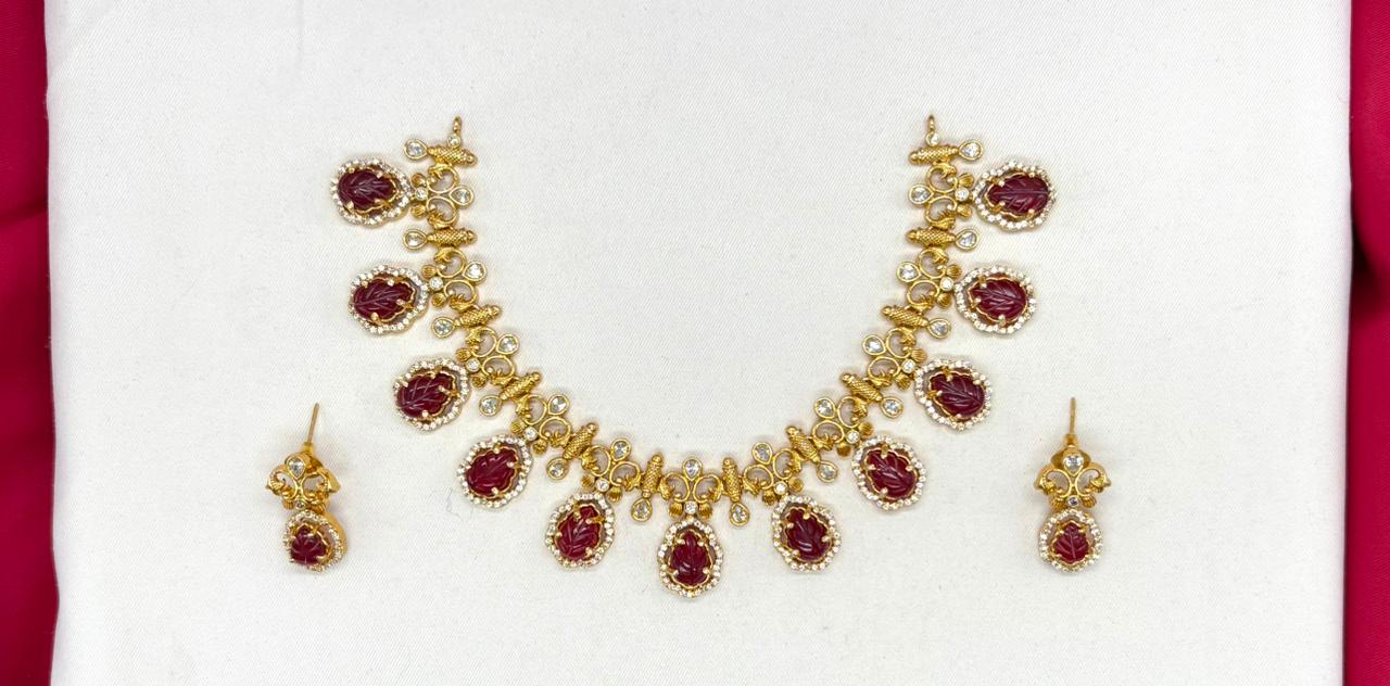 Matte finishing American Diamond with Red Stone Short Necklace