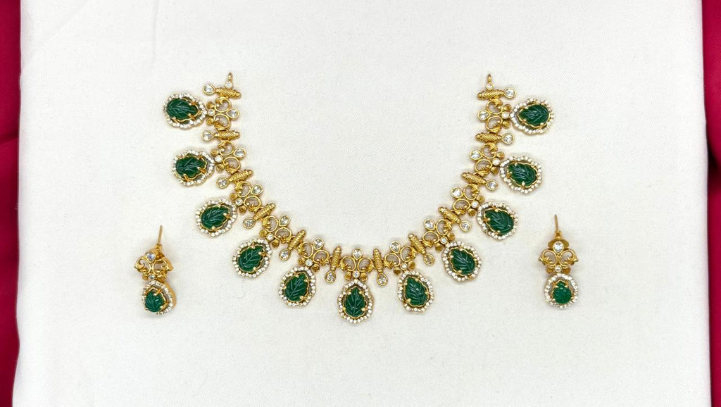Matte finishing American Diamond with Green Stone Short Necklace