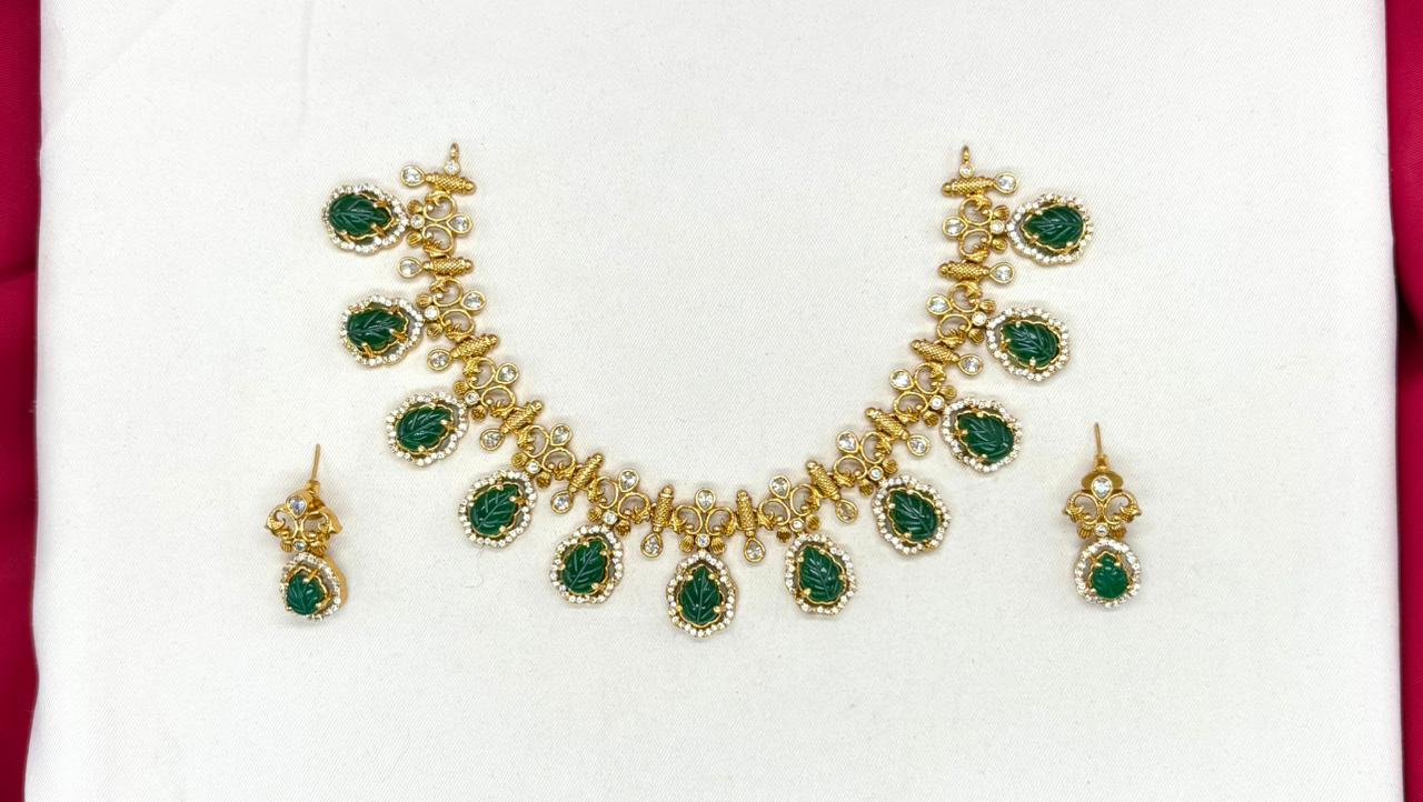 Matte finishing American Diamond with Green Stone Short Necklace