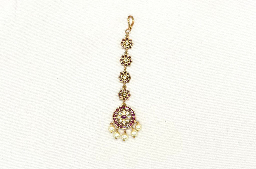 Ruby-colored emerald stone pearl drop maang tikka