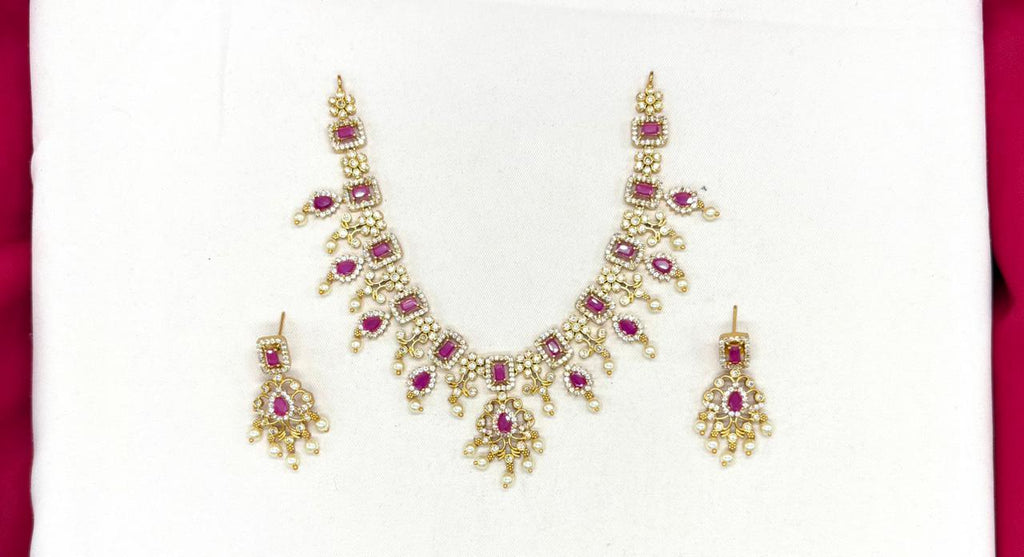 matte finishing Pink squared stones with white pearls Short Necklace