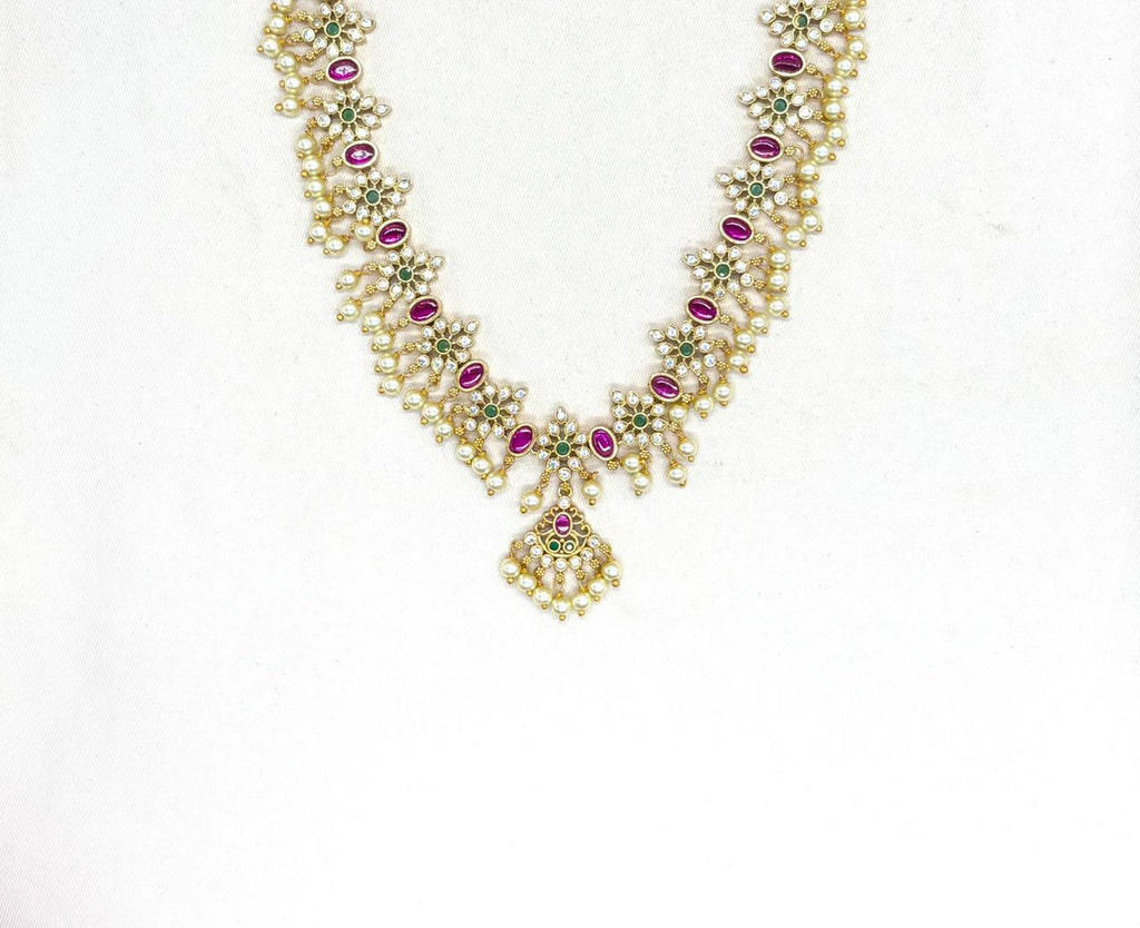 matte finishing Guttapusalu Pink,Green and pearl Long Haram