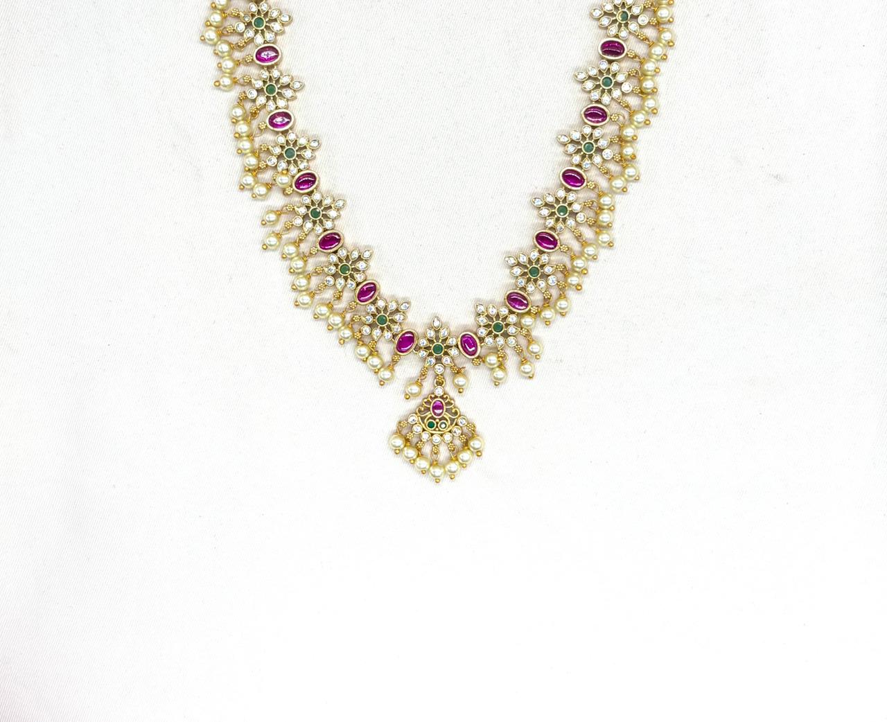 matte finishing Guttapusalu Pink,Green and pearl Long Haram