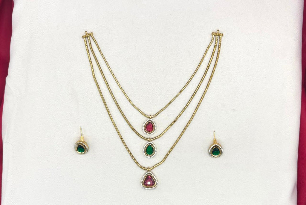 Premium Three layered AD Stones With Gren,red stone Necklace