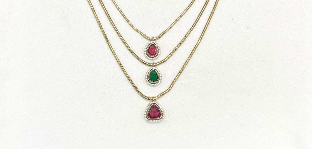 Premium Three layered AD Stones With Gren,red stone Necklace