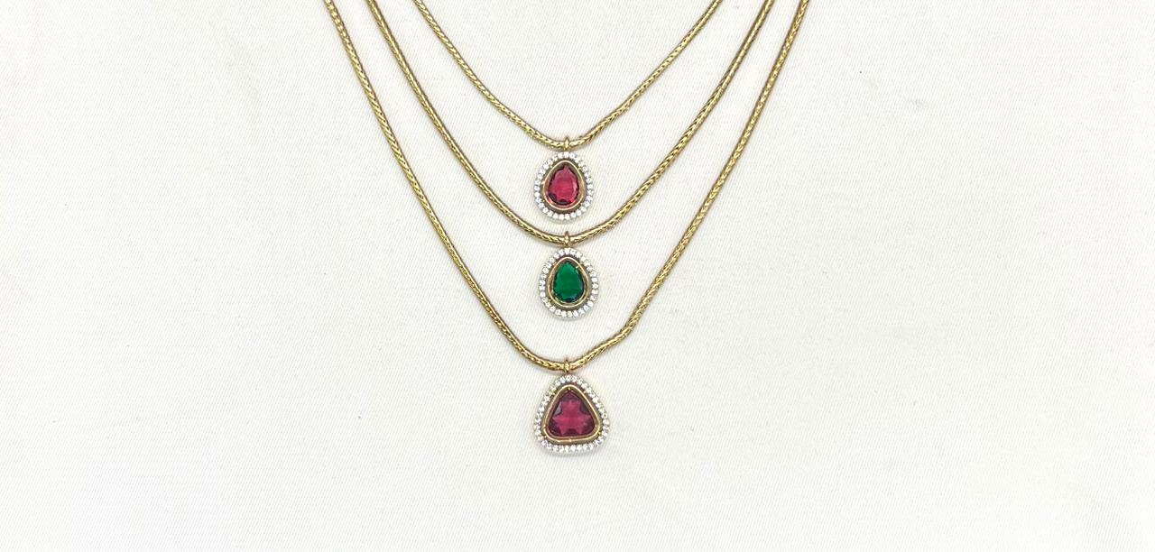Premium Three layered AD Stones With Gren,red stone Necklace