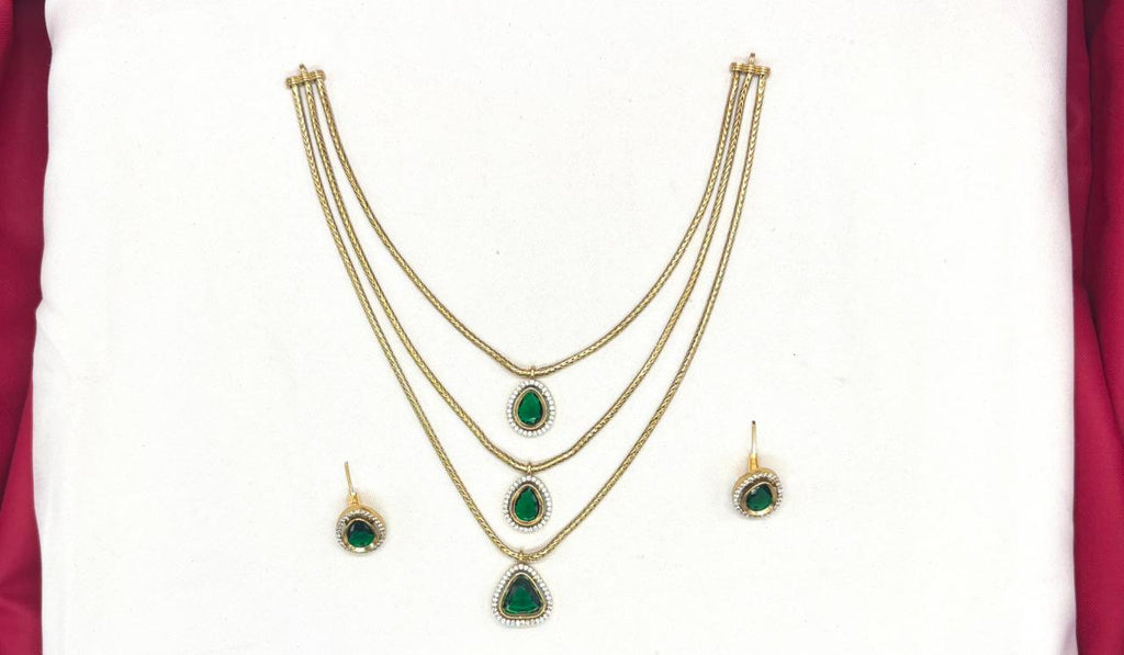 Premium Three layered AD Stones With Gren stone Necklace