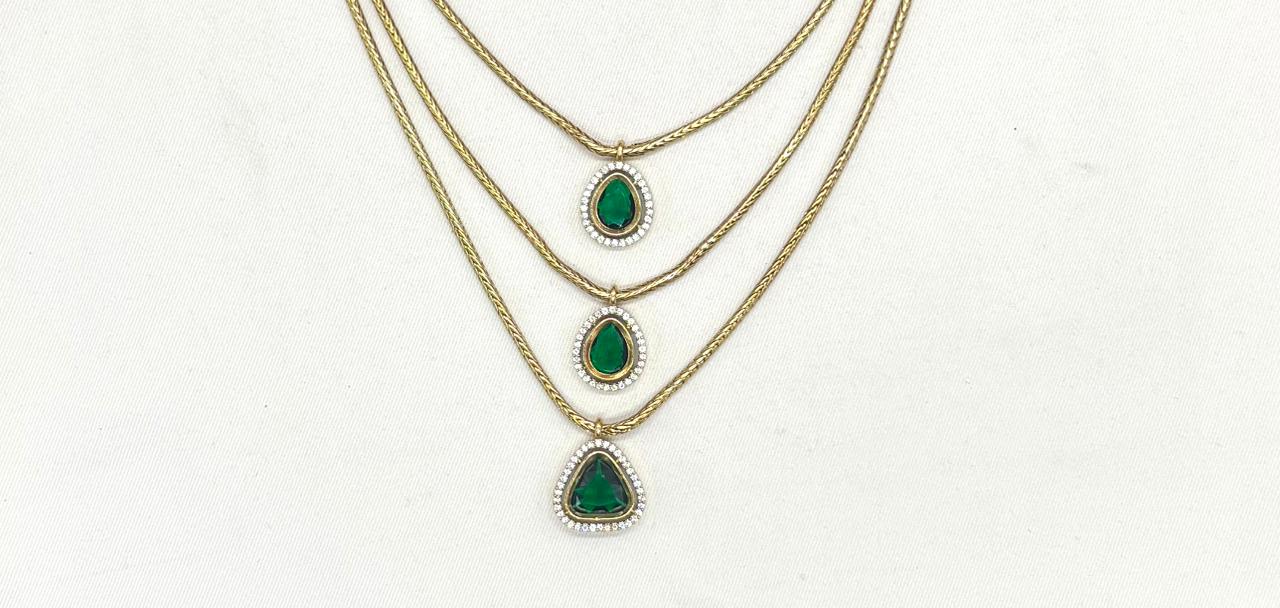 Premium Three layered AD Stones With Gren stone Necklace