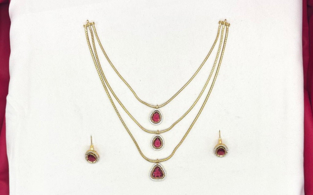 Premium Three layered AD Stones With Red stone Necklace