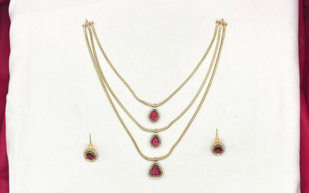 Premium Three layered AD Stones With Red stone Necklace