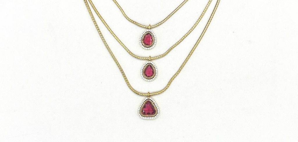 Premium Three layered AD Stones With Red stone Necklace