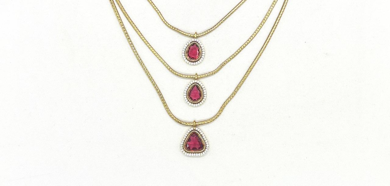 Premium Three layered AD Stones With Red stone Necklace