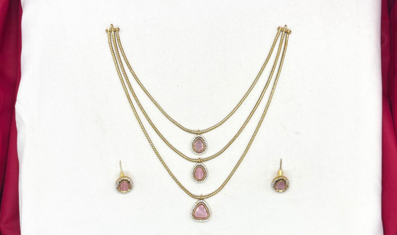 Premium Three layered AD Stones With Baby-Pink stone Necklace