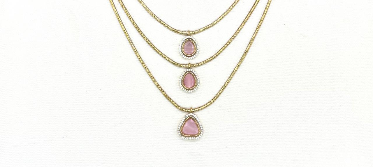 Premium Three layered AD Stones With Baby-Pink stone Necklace