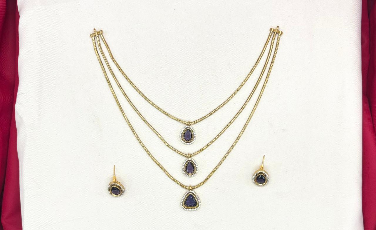Premium Three layered AD Stones With purple stone Necklace