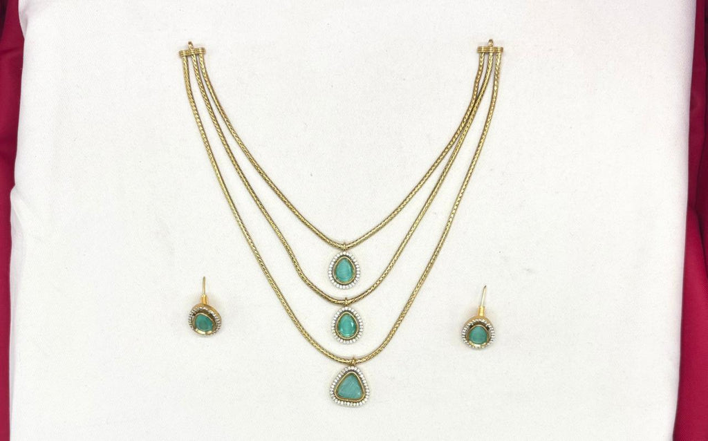 Premium Three layered AD Stones With Mint-green stone Necklace
