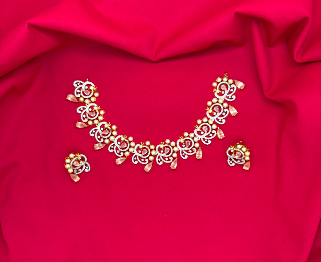 G.J polishing Beautifully designed peacock with Baby-pink stone Short Necklace