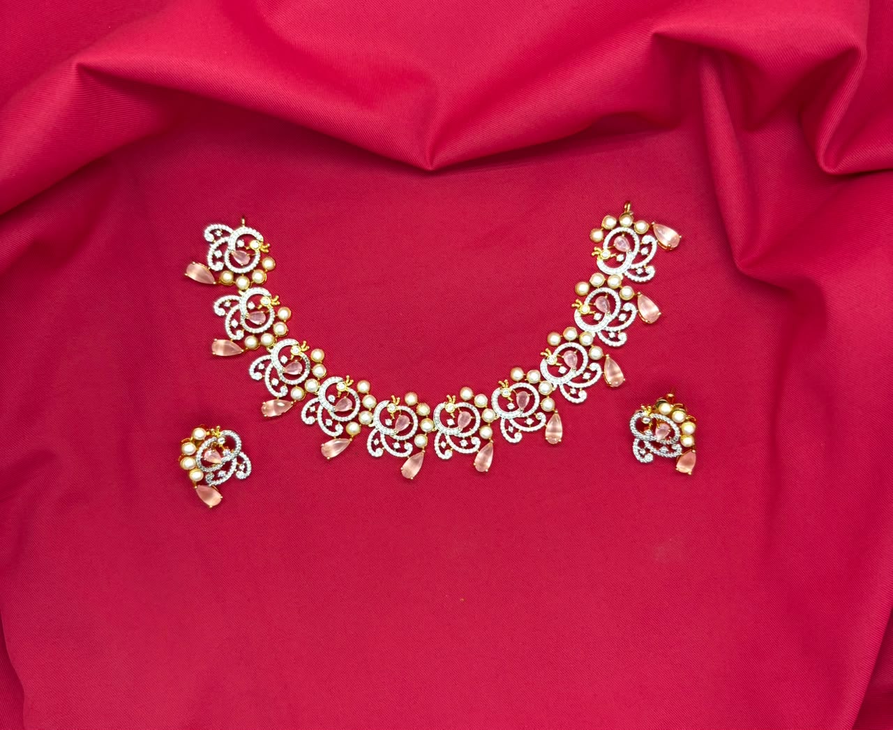 G.J polishing Beautifully designed peacock with Baby-pink stone Short Necklace