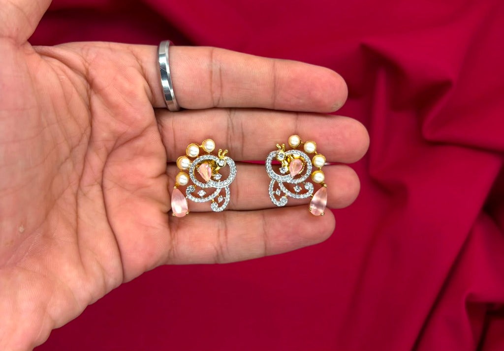 G.J polishing Beautifully designed peacock with Baby-pink stone Short Necklace
