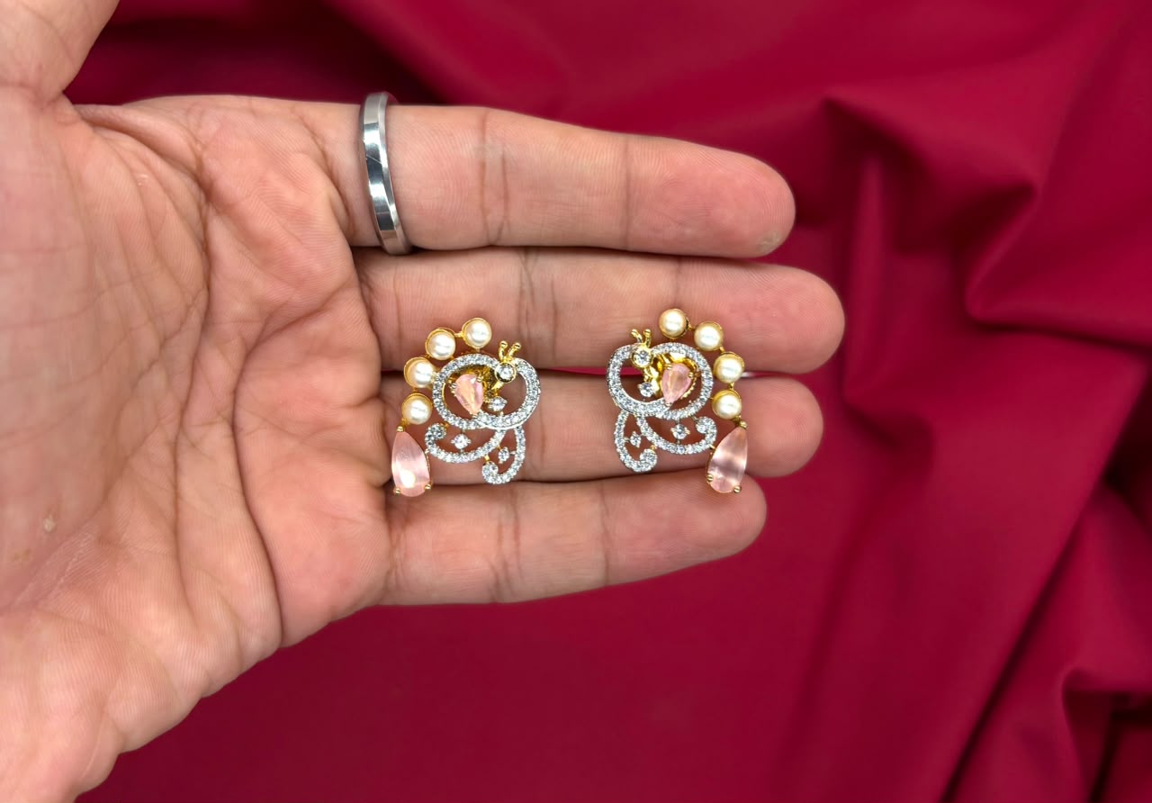 G.J polishing Beautifully designed peacock with Baby-pink stone Short Necklace