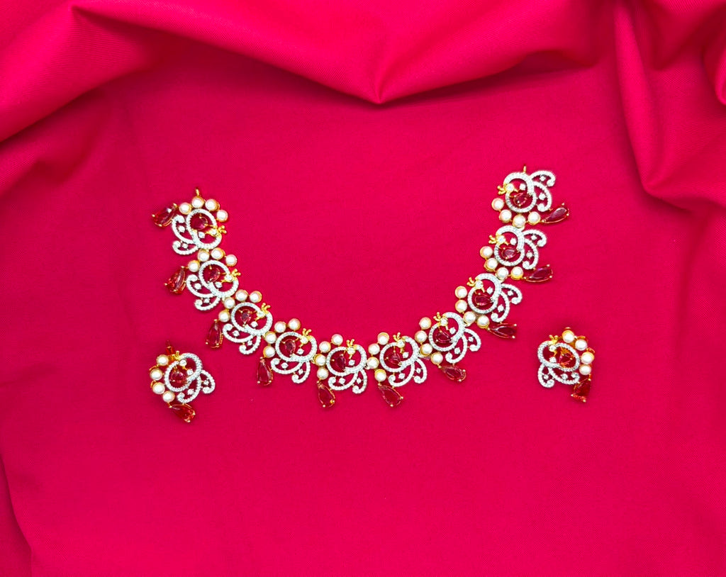 G.J polishing Beautifully designed peacock with Red stone Short Necklace