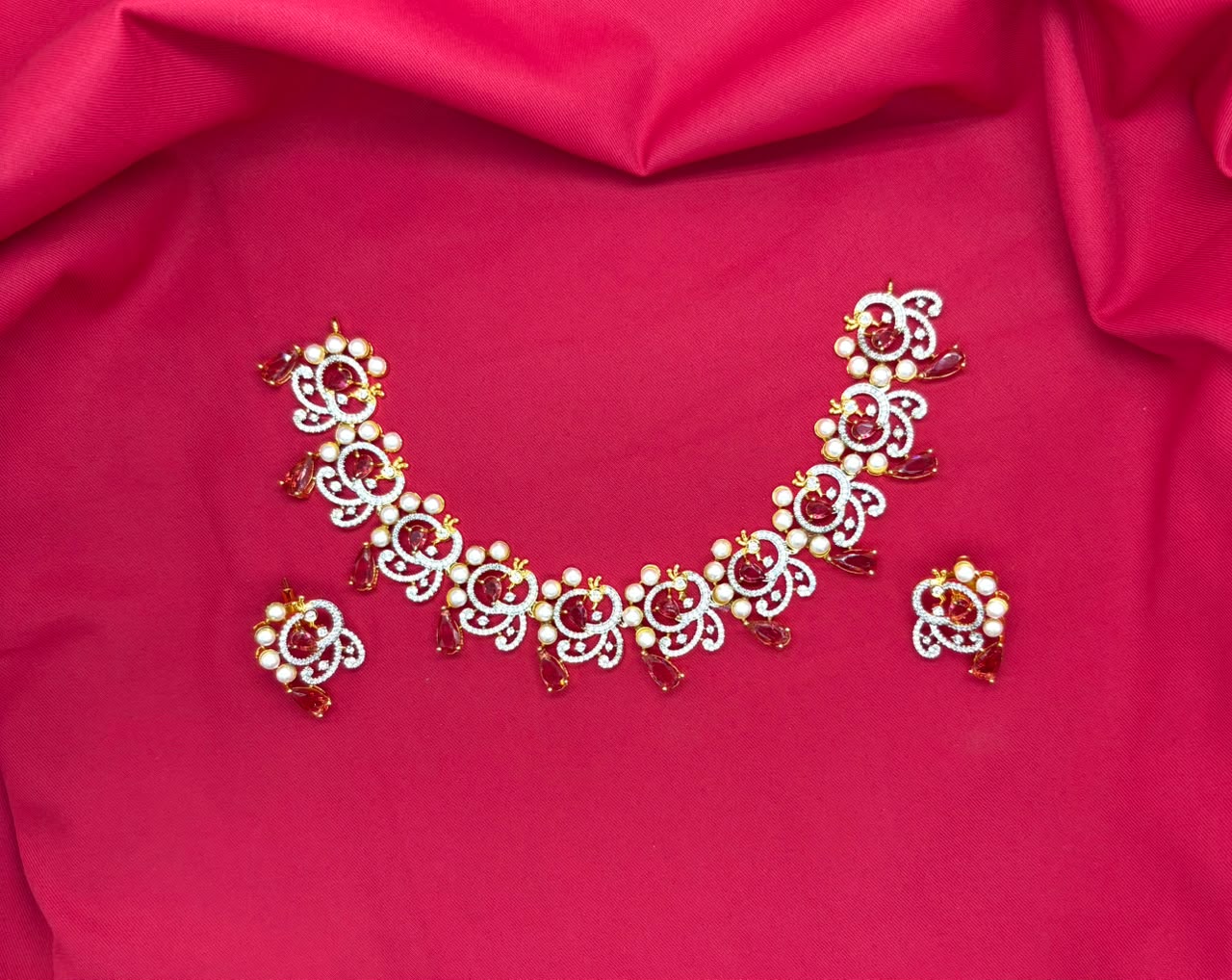 G.J polishing Beautifully designed peacock with Red stone Short Necklace