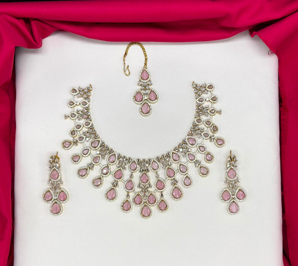 Emerald Baby-pink and Cubic Zirconia Bridal Necklace Set with Earrings and Maang Tikka