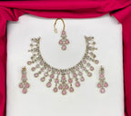 Emerald Baby-pink and Cubic Zirconia Bridal Necklace Set with Earrings and Maang Tikka