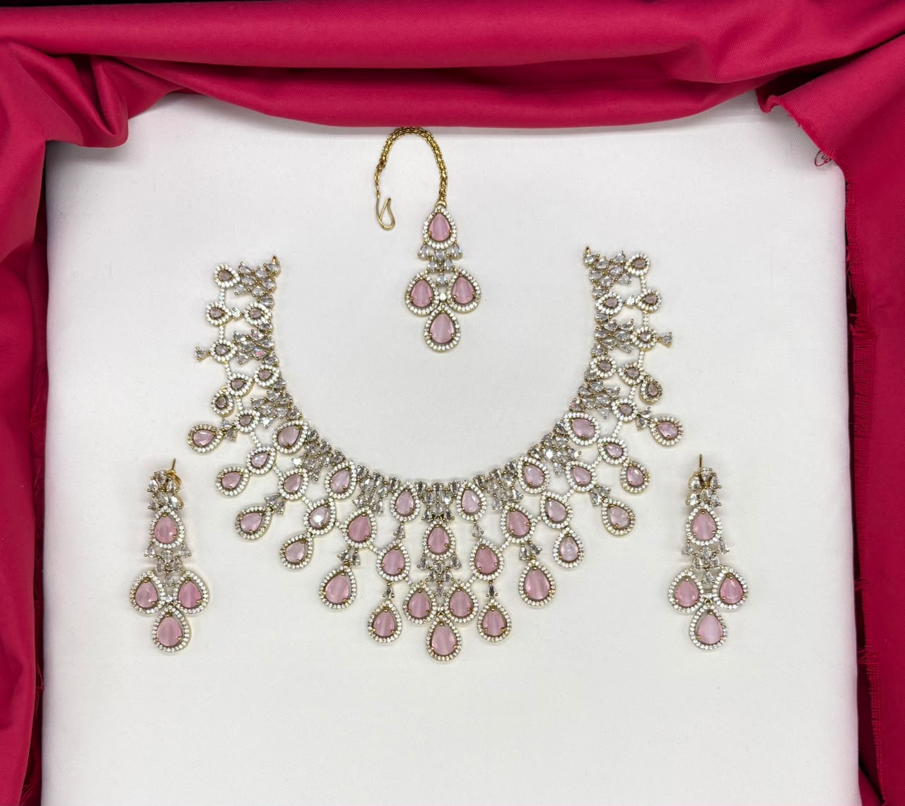 Emerald Baby-pink and Cubic Zirconia Bridal Necklace Set with Earrings and Maang Tikka