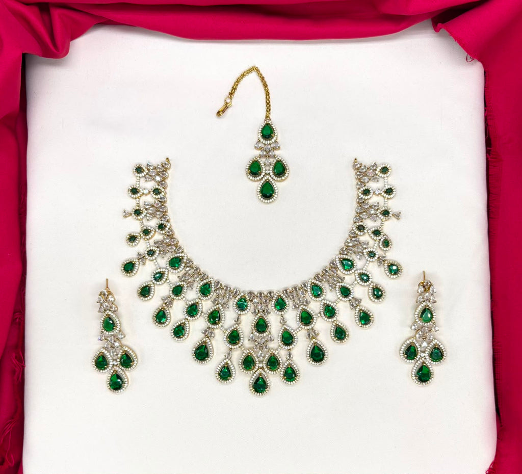 Emerald Green and Cubic Zirconia Bridal Necklace Set with Earrings and Maang Tikka