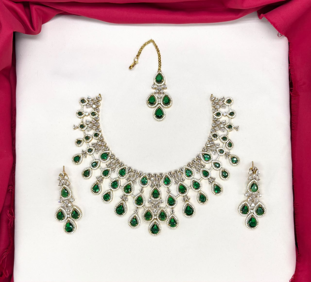 Emerald Green and Cubic Zirconia Bridal Necklace Set with Earrings and Maang Tikka