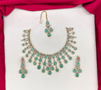 Emerald Mint-Green and Cubic Zirconia Bridal Necklace Set with Earrings and Maang Tikka