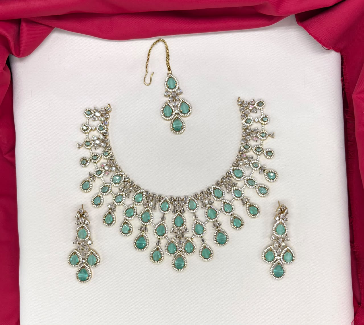 Emerald Mint-Green and Cubic Zirconia Bridal Necklace Set with Earrings and Maang Tikka