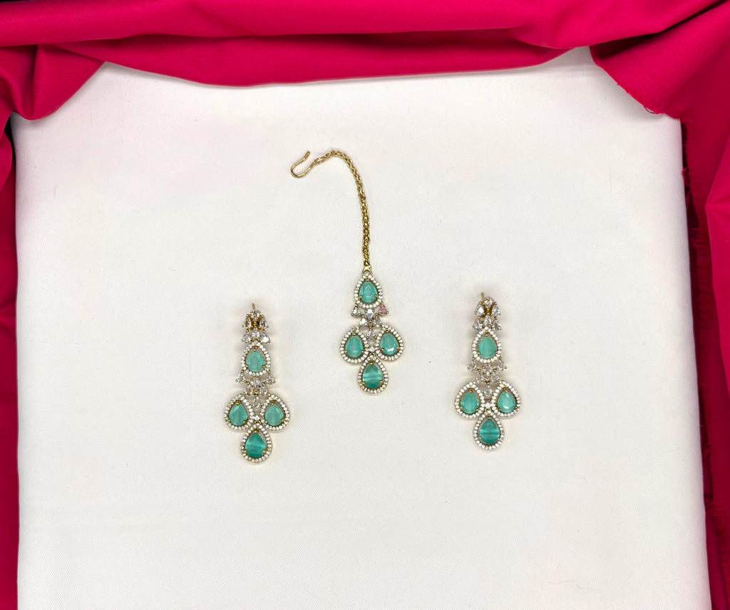 Emerald Mint-Green and Cubic Zirconia Bridal Necklace Set with Earrings and Maang Tikka