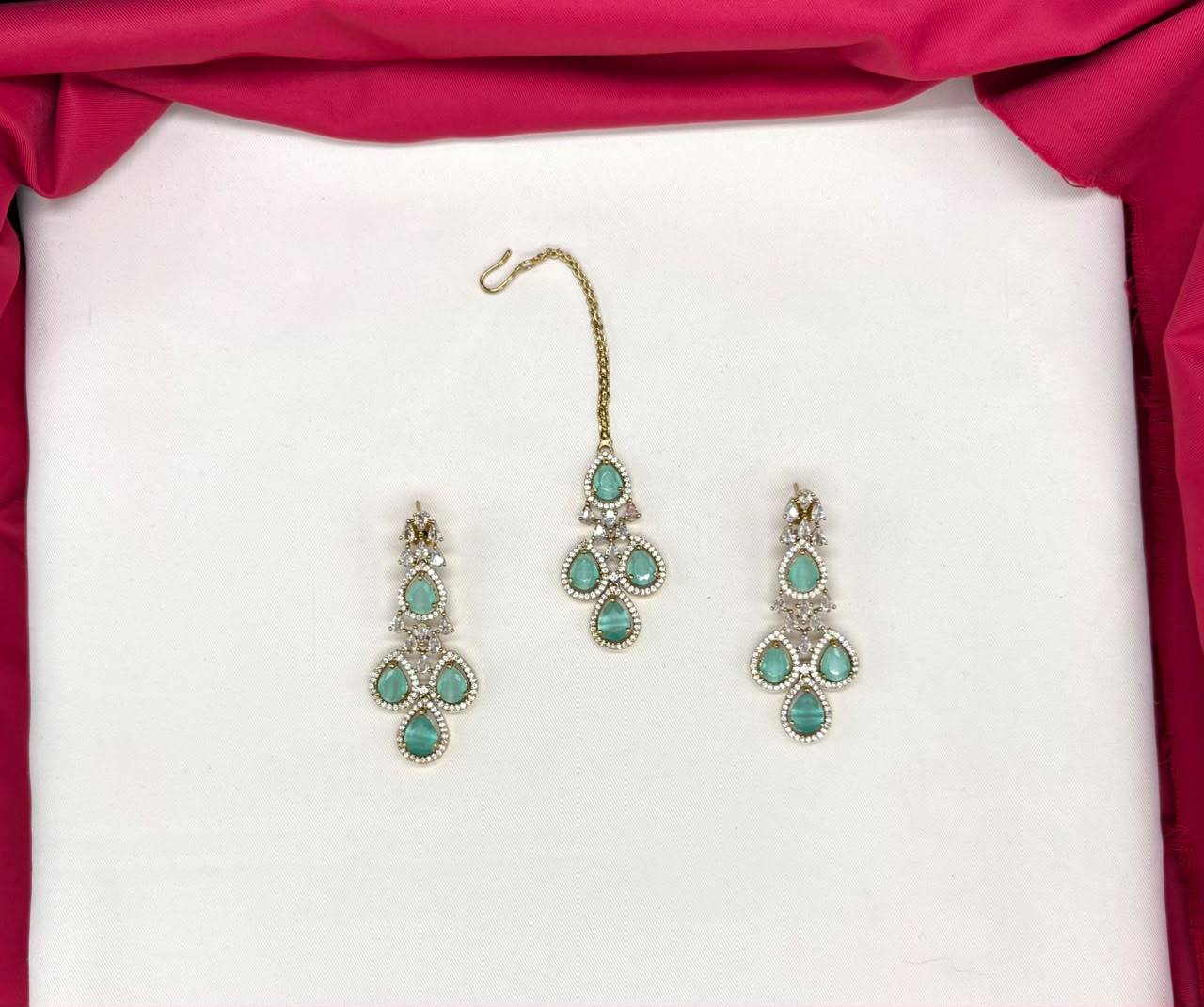 Emerald Mint-Green and Cubic Zirconia Bridal Necklace Set with Earrings and Maang Tikka