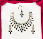 Emerald Blue and Cubic Zirconia Bridal Necklace Set with Earrings and Maang Tikka
