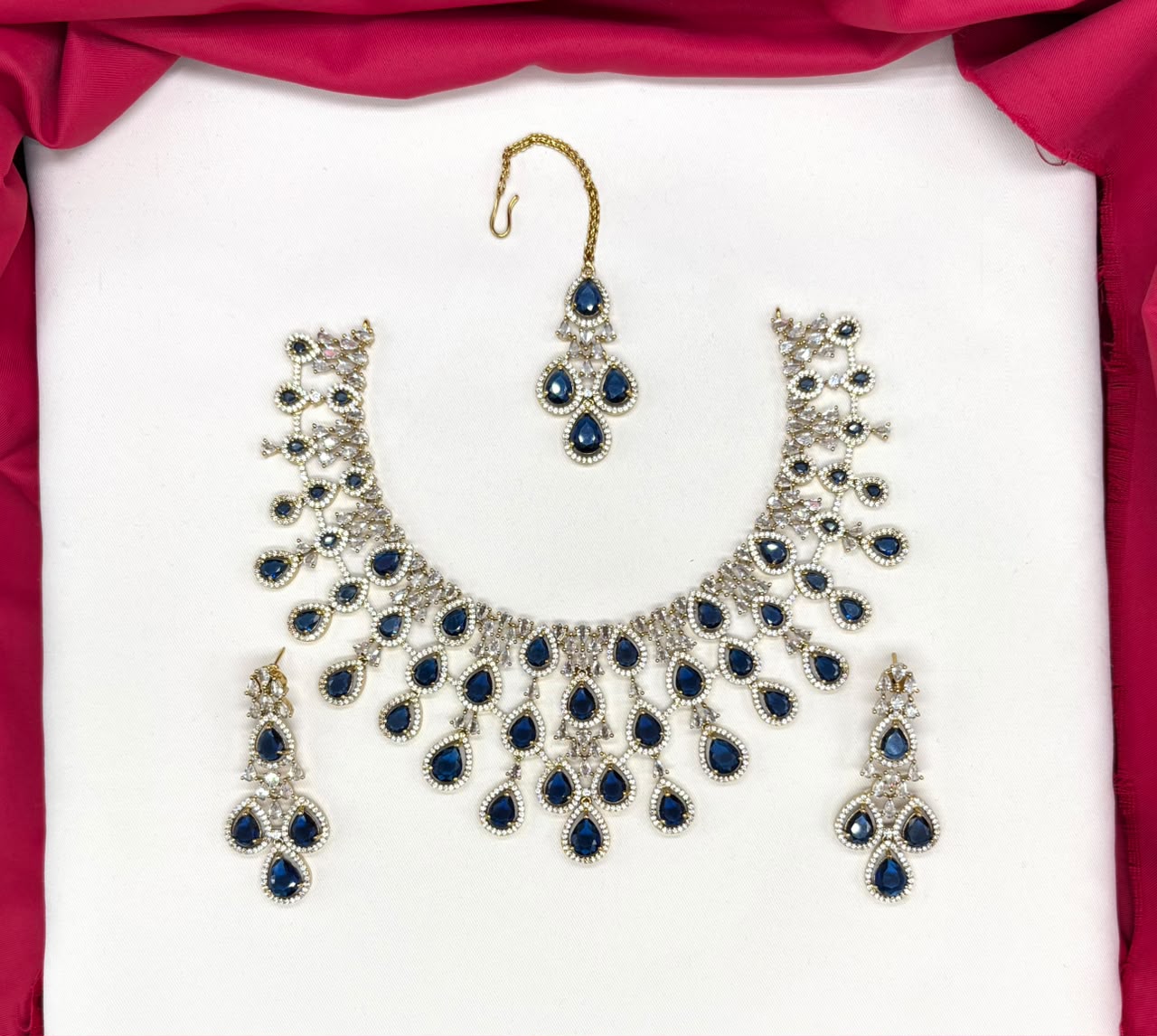 Emerald Blue and Cubic Zirconia Bridal Necklace Set with Earrings and Maang Tikka