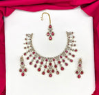 Emerald Red and Cubic Zirconia Bridal Necklace Set with Earrings and Maang Tikka
