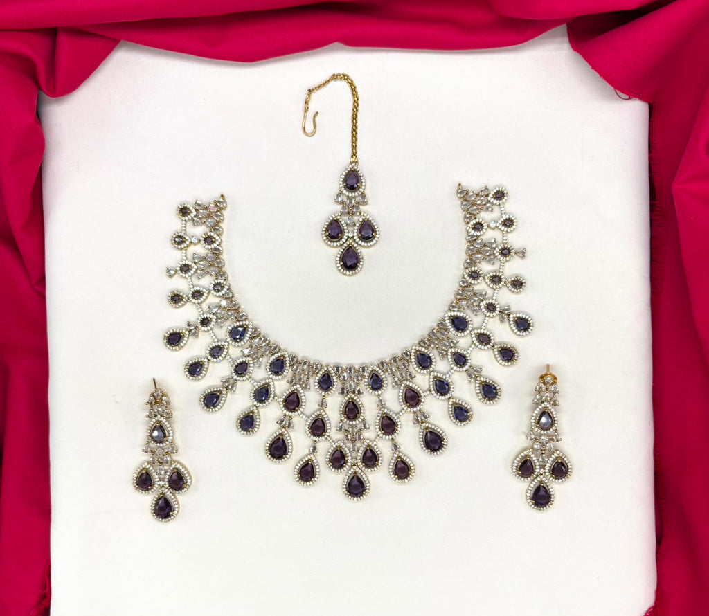 Emerald Purple and Cubic Zirconia Bridal Necklace Set with Earrings and Maang Tikka