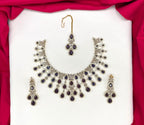 Emerald Purple and Cubic Zirconia Bridal Necklace Set with Earrings and Maang Tikka