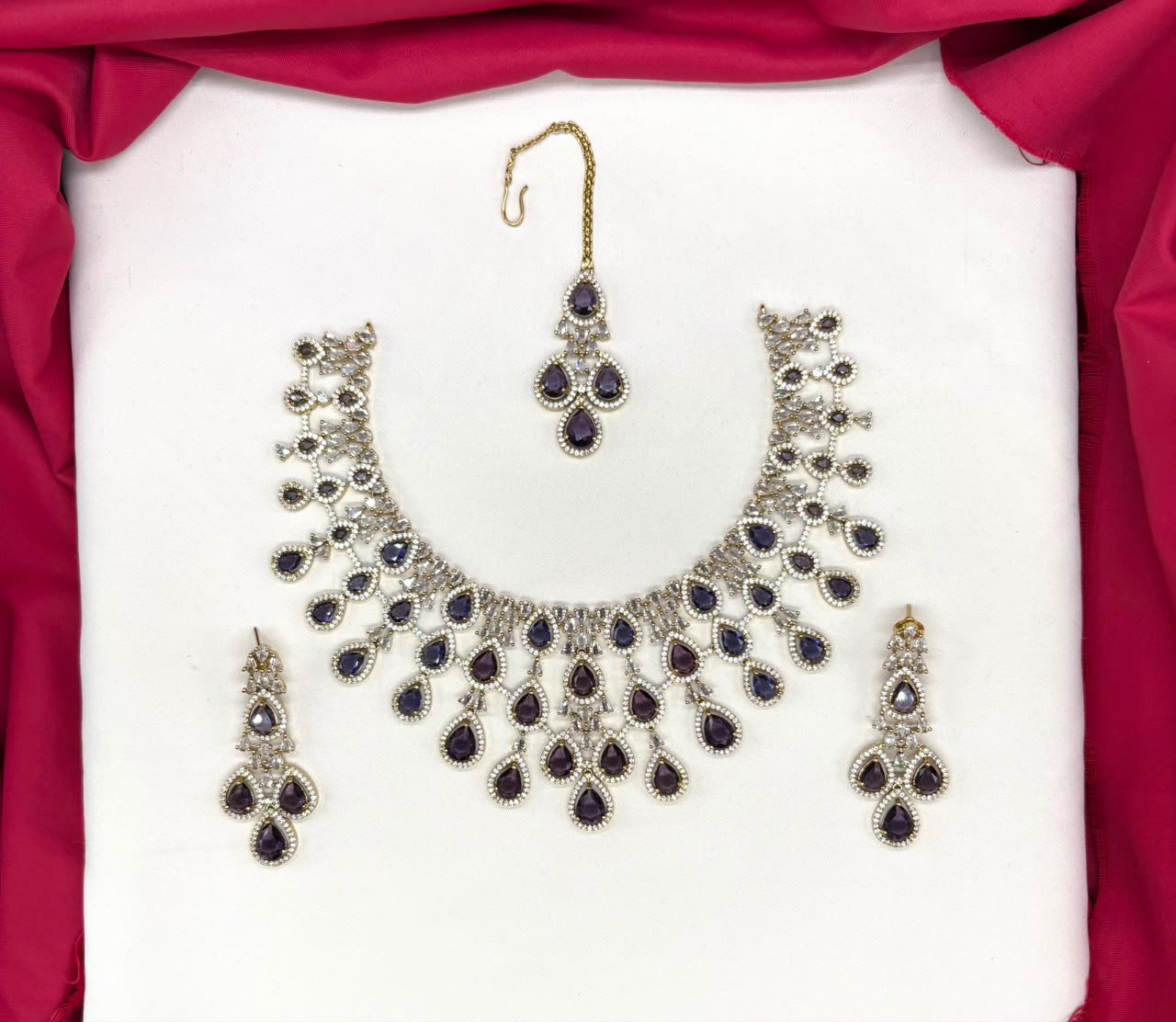 Emerald Purple and Cubic Zirconia Bridal Necklace Set with Earrings and Maang Tikka