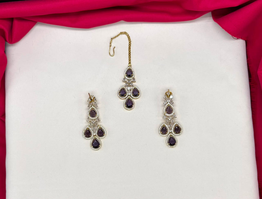 Emerald Purple and Cubic Zirconia Bridal Necklace Set with Earrings and Maang Tikka