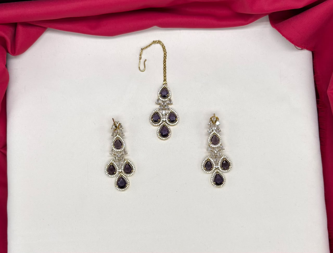 Emerald Purple and Cubic Zirconia Bridal Necklace Set with Earrings and Maang Tikka