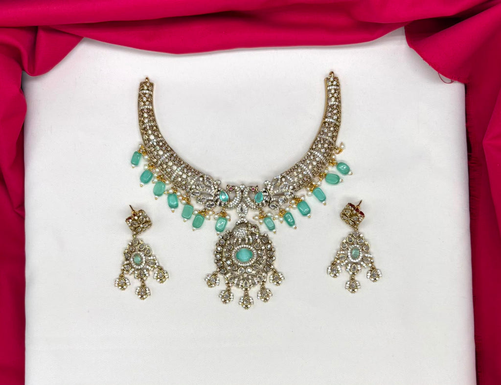 Victorian finishing floral elephant design with Mint Green beads Short Necklace