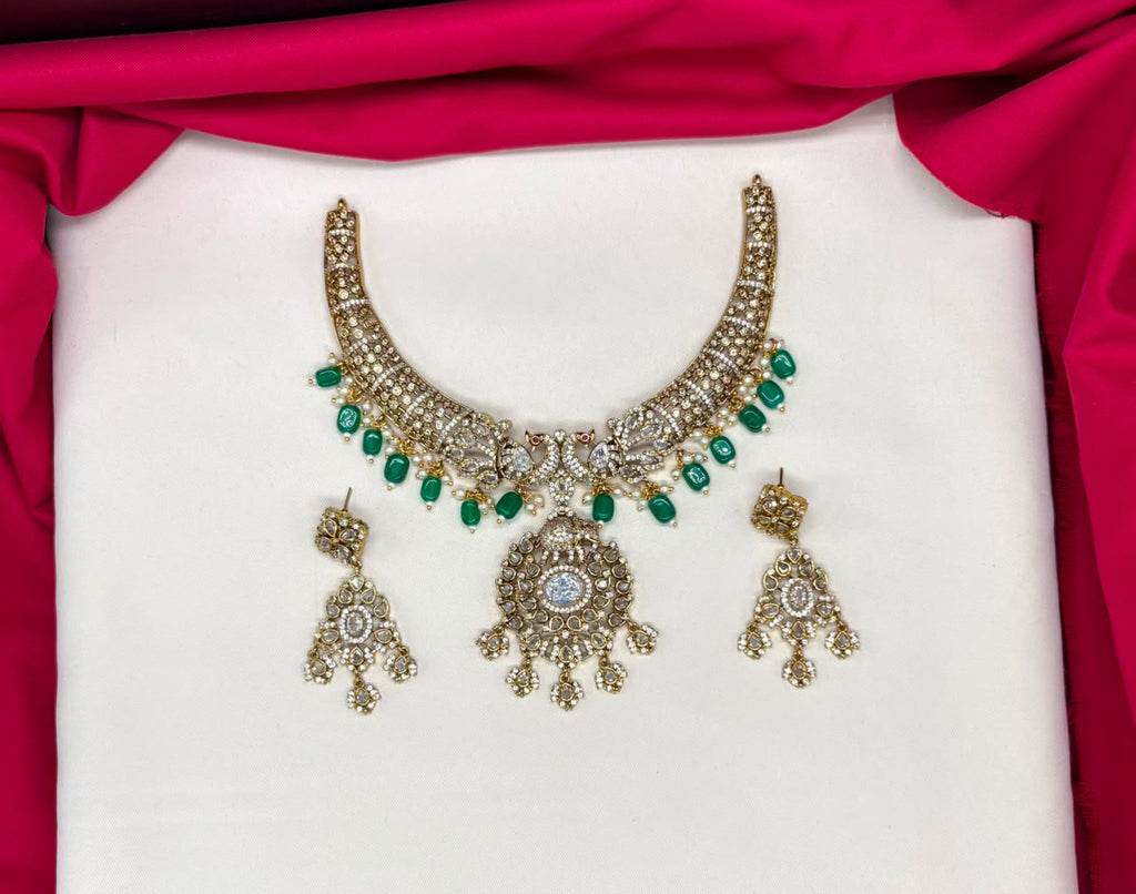 Victorian finishing floral elephant design with Green beads Short Necklace